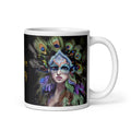 Stunning Premium white ceramic mug features a majestic woman adorned with vibrant peacock feathers, ornate blue and orange face paint, and a regal purple and green costume. With the inspiring message "You Are Majesty, 11- oz right view