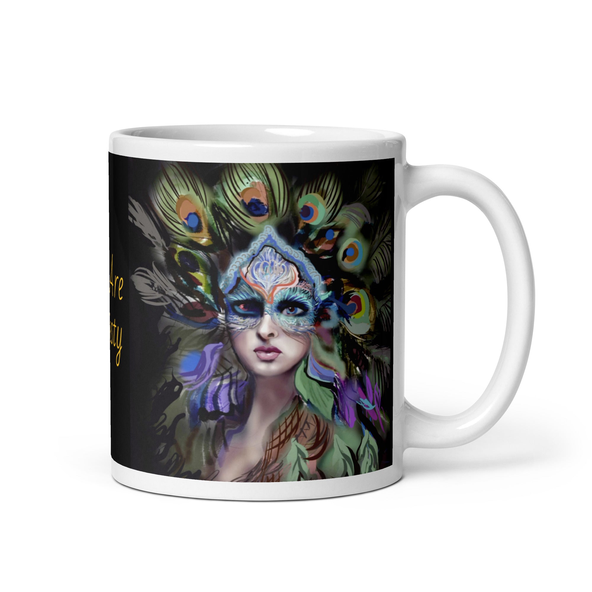 Stunning Premium white ceramic mug features a majestic woman adorned with vibrant peacock feathers, ornate blue and orange face paint, and a regal purple and green costume. With the inspiring message "You Are Majesty, 11- oz right view
