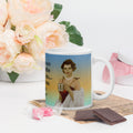 Charming Premium white ceramic mug features Sophia, a stunning 1950s vintage woman with elegant style, silver necklace, and red dress, holding a mug that says "Love Potion." With the romantic message "When a man drinks coffee made by you.... he becomes yours forever,  11 - oz - right view