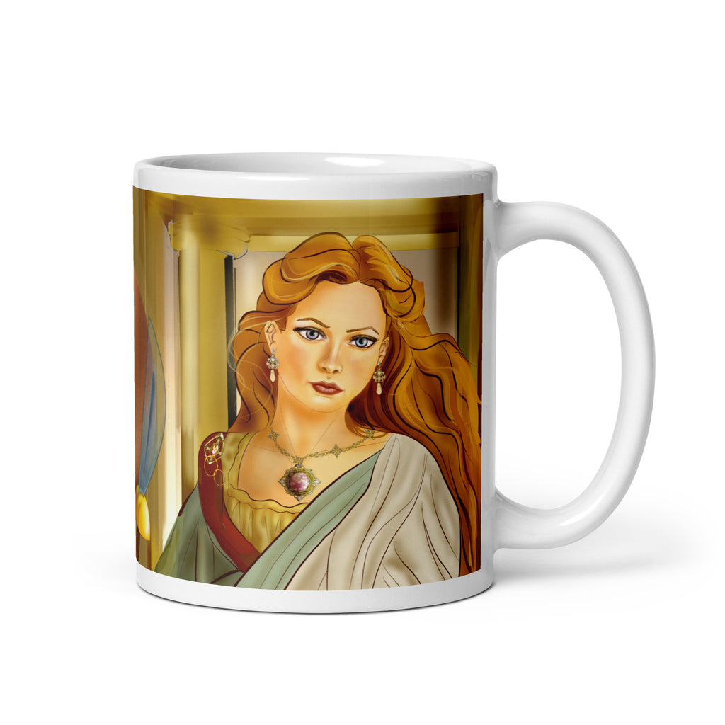 Premium white ceramic mug features Helen of Troy, the legendary beauty that launched 1000 ships that lead to the Trojan war. With her flowing golden hair, striking green eyes, elegant white dress with green sash, and purple gemstone necklace 11 - oz - right view