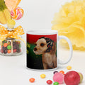 Adorable Premium white ceramic mug features the sweetest tan pup with big soulful brown eyes, wearing a festive black bandana decorated with Christmas motifs. Set against a beautiful red to green gradient background with sparkles - 11 - oz right view