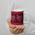 Premium white Sweet Talk Valentine Mug - Rich dark burgundy  background with a pink heart in the center and floating smaller pink hearts all around. The border has love messages 11- oz - right view