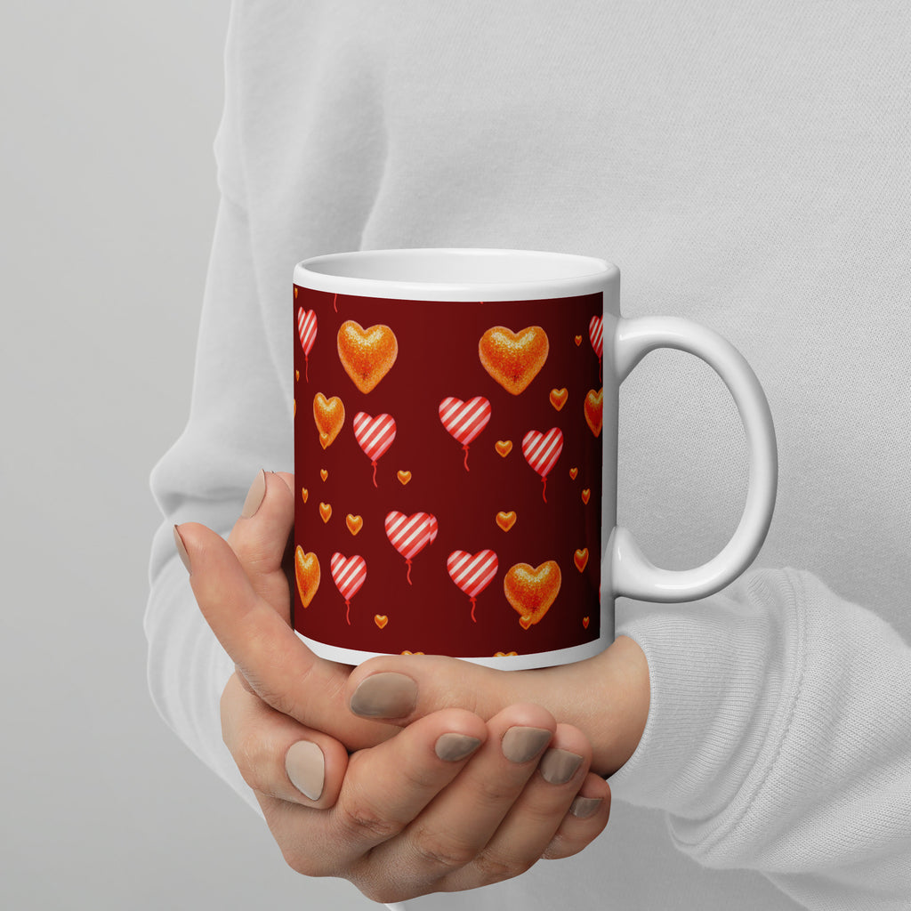 Premium Ceramic Beautiful heart balloons Valentine mug held in persons hand -with burgundy background! Watercolor hearts and striped heart balloons - perfect for romantic gifts and love celebrations - 11 oz - right view