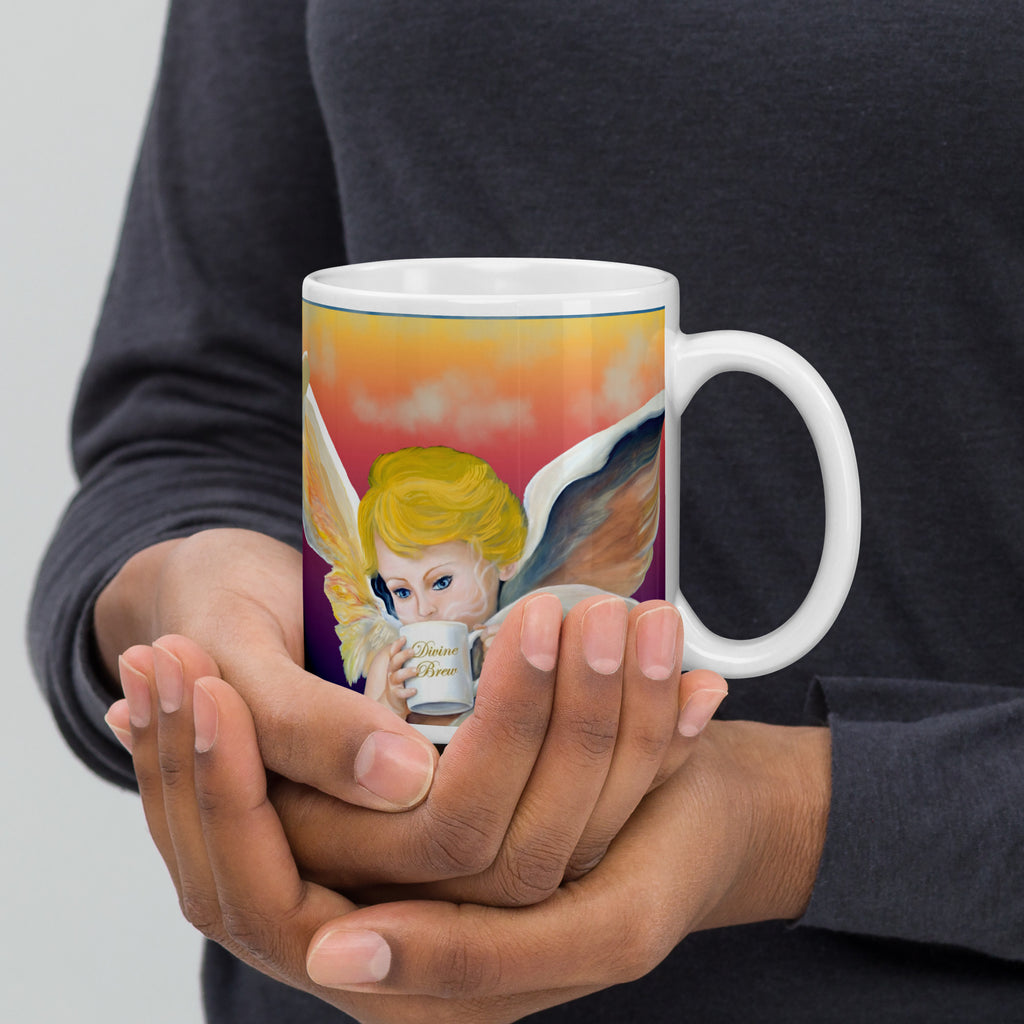 Beautiful Divine Brew Amorino angel premium ceramic mug with original oil painting! Classical Renaissance cherub with coffee - 11 - oz right view