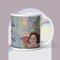My Halo is in the Wash - Fallen Angel Premium Ceramic Coffee Mug - Inspired by classical renaissance painting of the fallen angels - cherubs holding coffee mugs - words "This isn't heaven but the coffee is divine" 11- oz right view