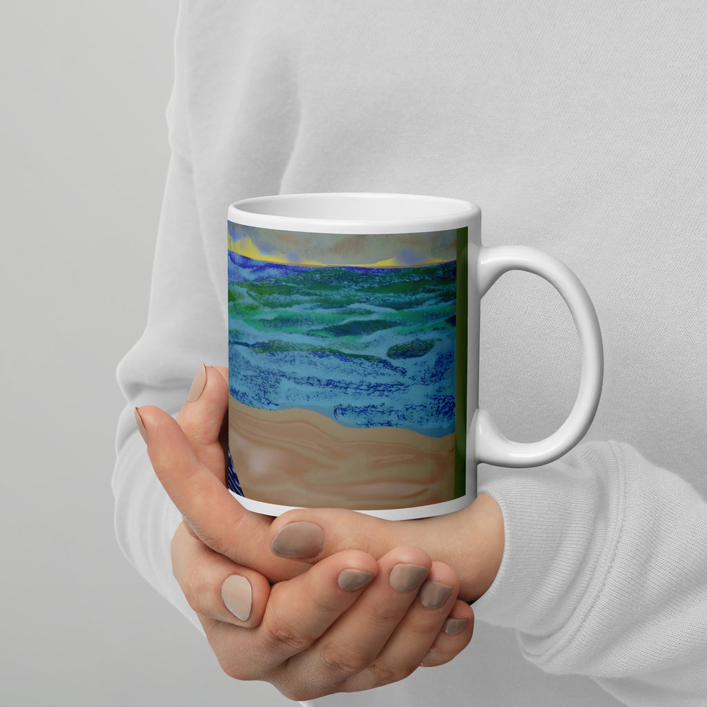 Stunning Resting Beach Face mug featuring Renoir's muse! Original Impressionist oil painting with beach vibes and coffee humor - perfect for art lovers! 11 -oz right view