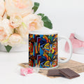 Colorful ceramic mug with abstract faces and geometric design on a white table with flowers and chocolates