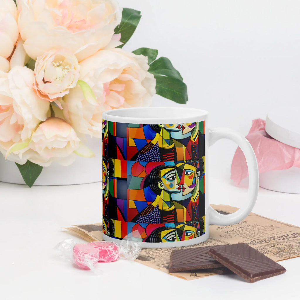 White ceramic mug with abstract colorful cubist face pattern, on table with flowers and chocolate