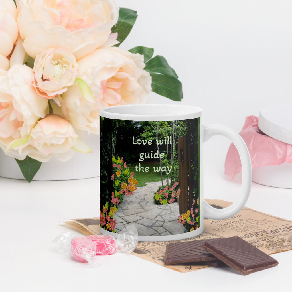 Premium white ceramic - Love will guide the way- customizable text- wedding gift- garden path design 11 oz right view