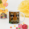 Premium white ceramic - No Prob-llama LLama mug with two Llamas sharing a cup of coffee wearing designer sunglasses with "Alpaca my bags, I'm getting coffee" written on mugs  11 oz right view