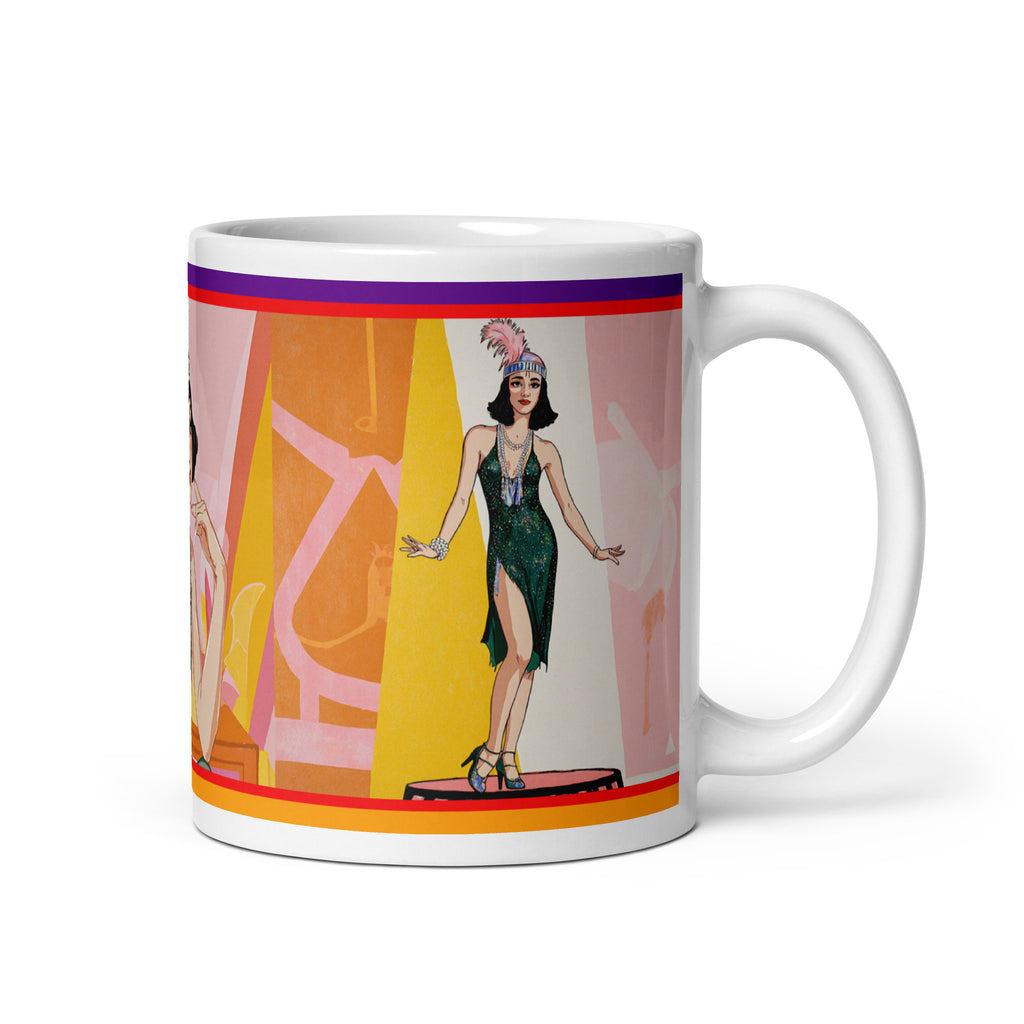 Premium white ceramic -1920's Flapper Mug -Ornate feathered headpiece and classic 1920s bob hairstyle -Elegant flapper in emerald green sequined gown -11 oz right view