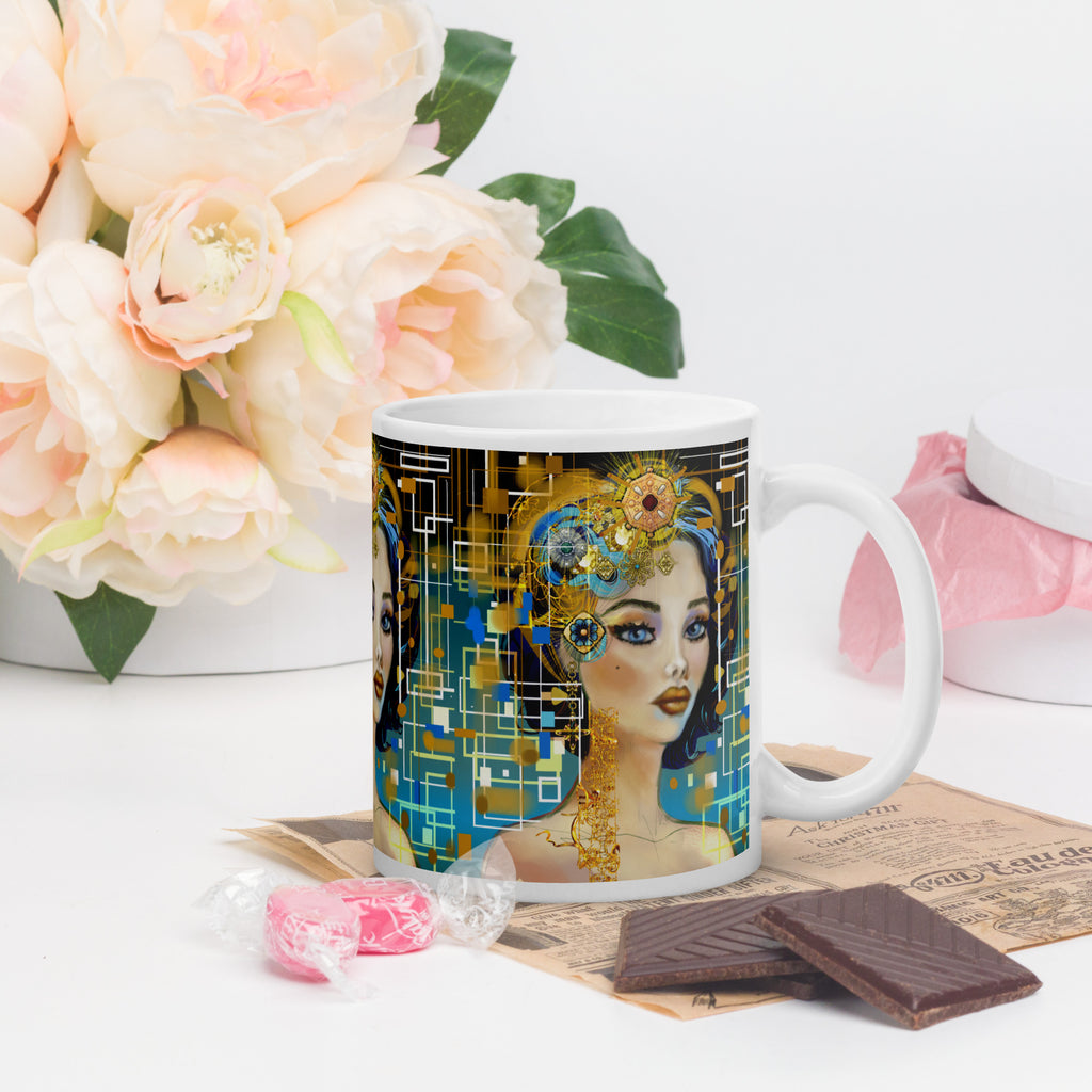 Steampunk Clockwork Woman Mug - Art Deco Futuristic White Ceramic Mug-11oz-right
