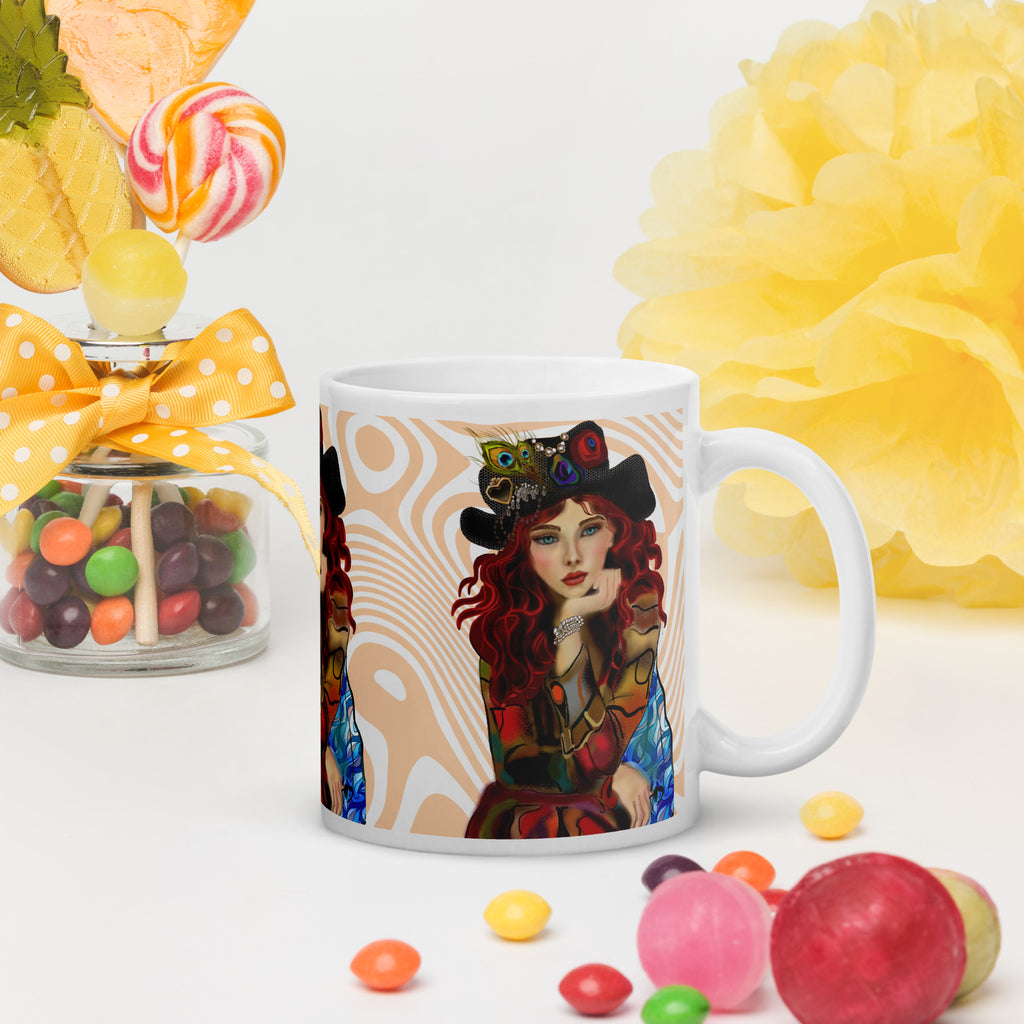 Premium White Ceramic -Steampunk Peacock Woman Mug - Whimsical Patchwork White Ceramic-11-oz-right