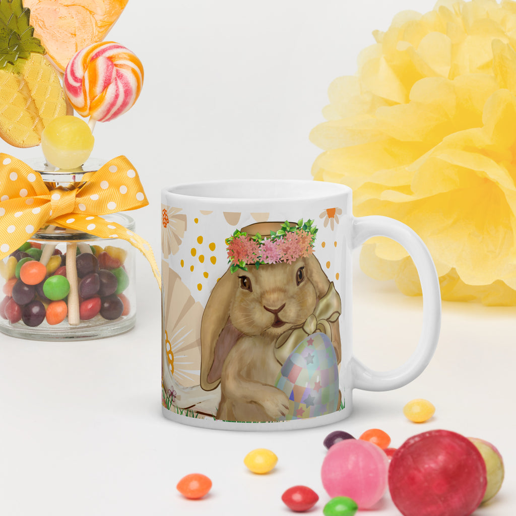Easter Bunny Trio Premium ceramic Mug - Whimsical Spring Ceramic Gift - Adorable Spring Lady  bunny with floral crown hat proudly holding a blue easter egg on a a floral water color style background-  painting  - 11 oz - right view