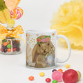 Easter Bunny Trio Premium ceramic Mug - Whimsical Spring Ceramic Gift - Adorable Spring Lady  bunny with floral crown hat proudly holding a blue easter egg on a a floral water color style background-  painting  - 11 oz - right view