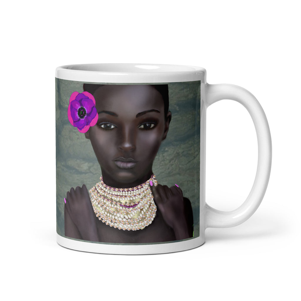 Black History Month - Premium white ceramic mug featuring portrait of Black woman with purple flower, pearls and pink nails 11-oz right view