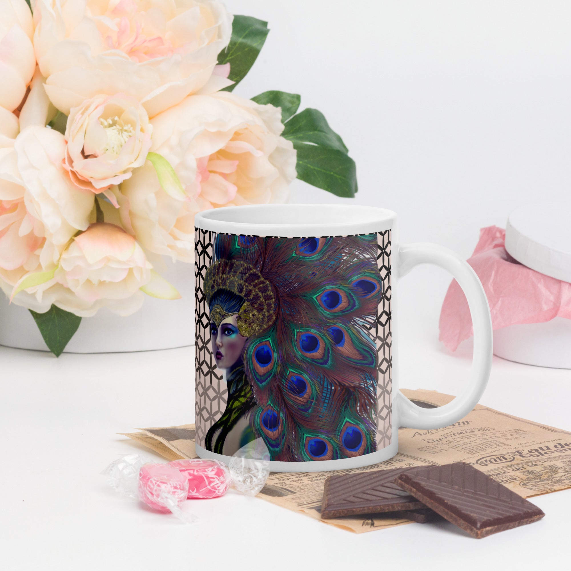 Premium White Ceramic - Peacock Queen Ceramic Mug - Majestic Peacock Design -11-oz right