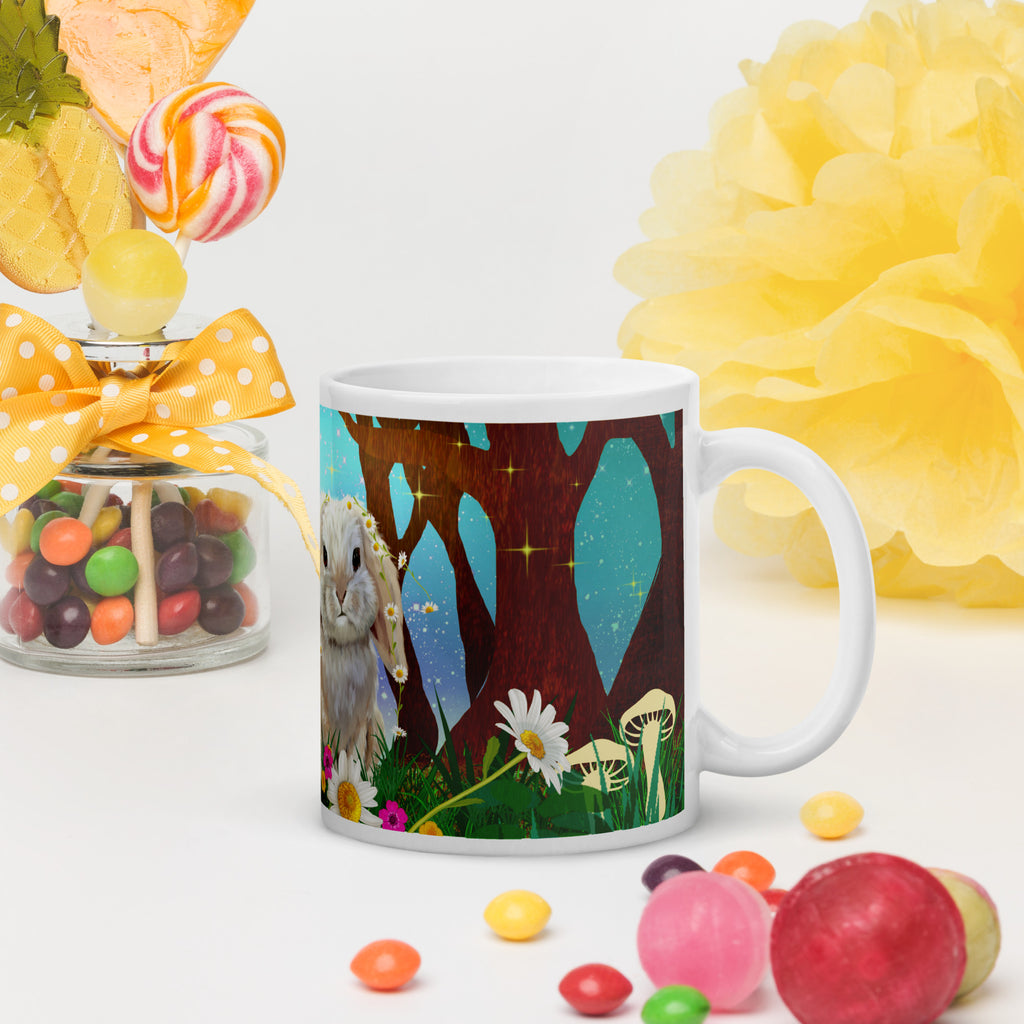 Magical Forest Bunny Mug - Enchanted Easter Bunny with Flower Crown sitting in the grass surrounded  magical trees. flowers and delicate butterflies -11-oz-right view