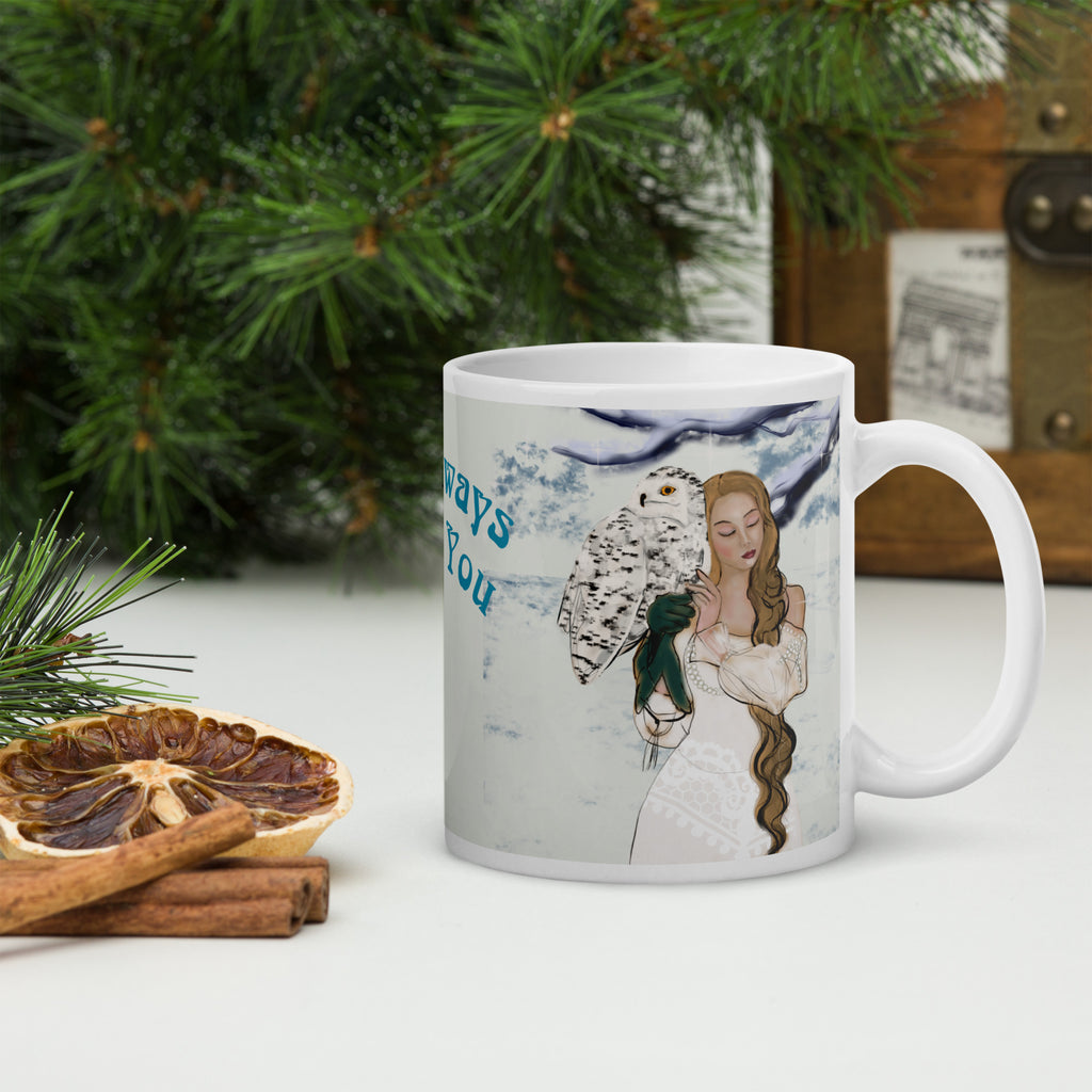 Enchanting Premium white ceramic mug features a beautiful woman with a majestic snowy owl in a magical winter wonderland. With the heartwarming message "Owl Always Love You," this design celebrates love, nature, and the magic of winter - 11 - oz right view