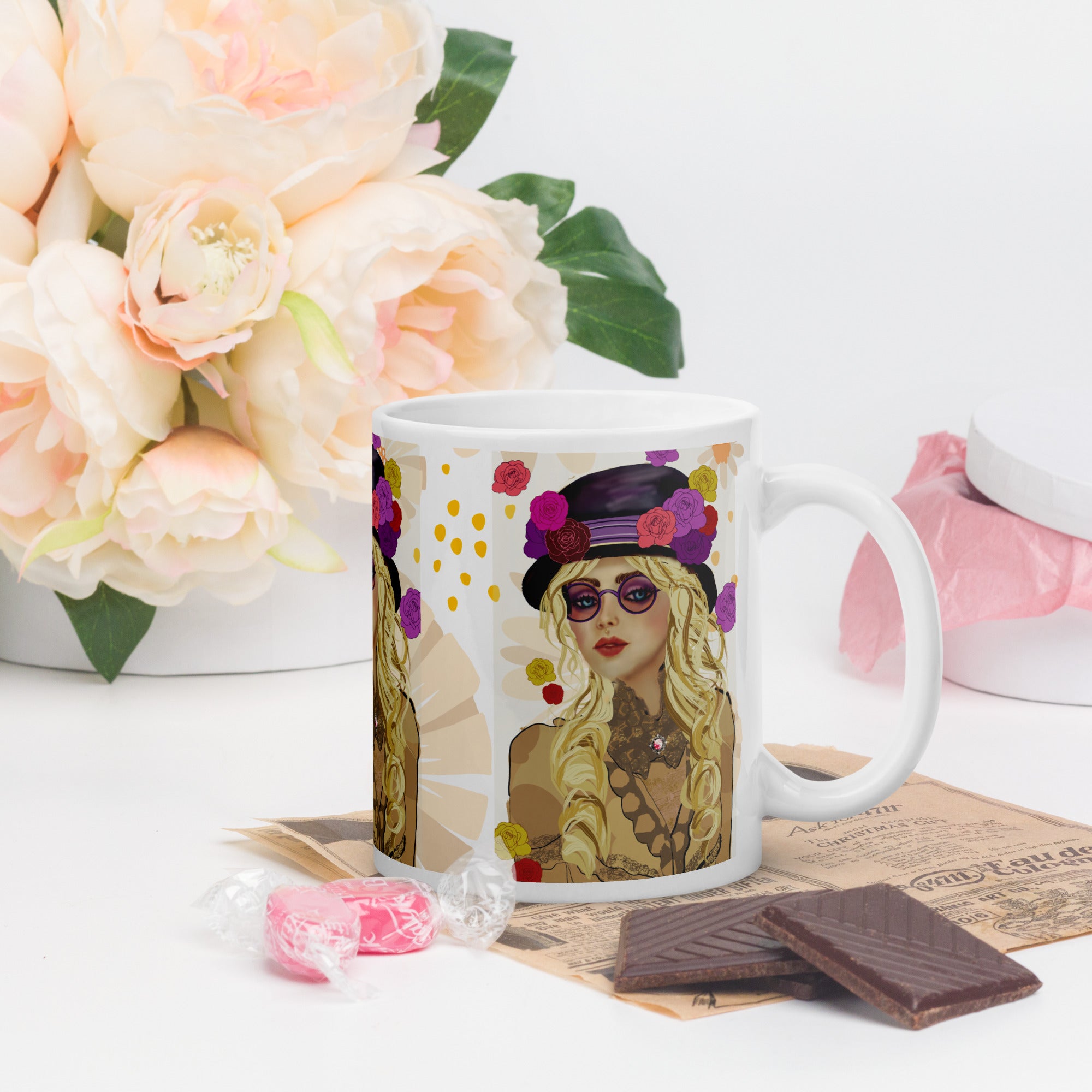 Premium White Ceramic -Bohemian Chic Flower Hat Mug - Stylish Woman White Ceramic Mug-11-oz-right