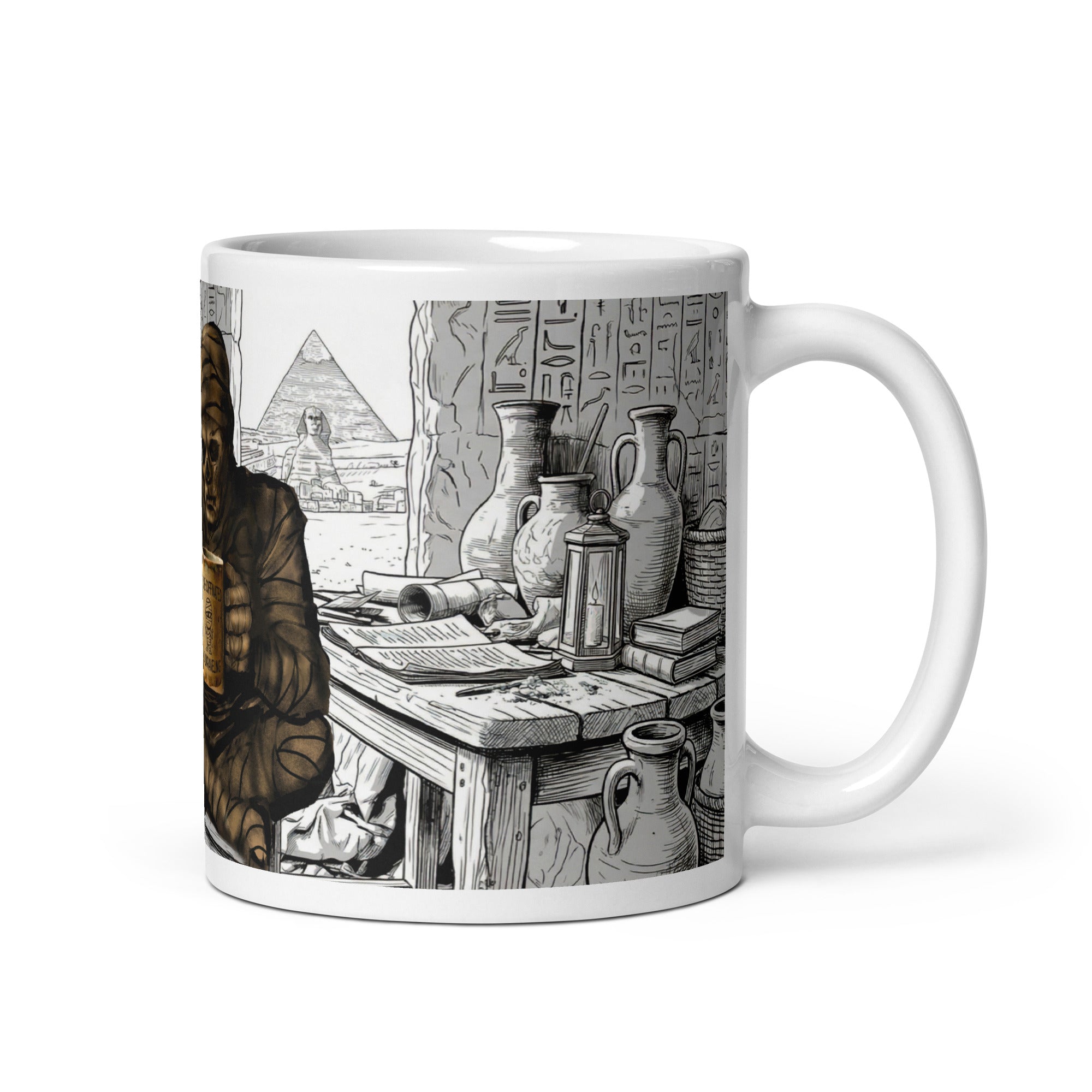 Premium white ceramic coffee mug -Additional tomb scene with hieroglyphic walls, urns, scrolls, and archaeological details 11 oz right view
