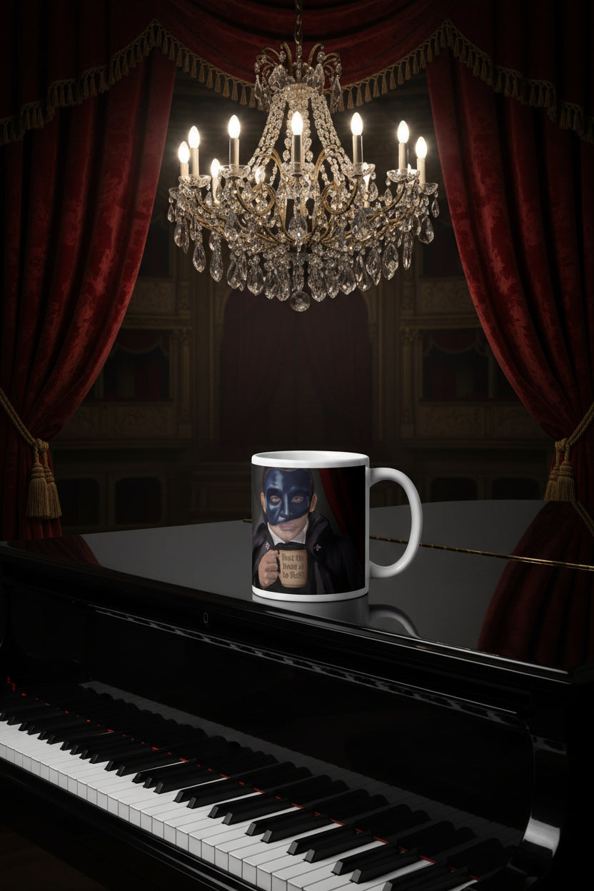 Premium white ceramic - Past the point of No refill - Coffee mug  The Phantom in formal attire with iconic half-mask, clutching "Past the Point of No Refill" mug beneath the golden chandelier and red velvet curtains - 11 oz - right view on white background