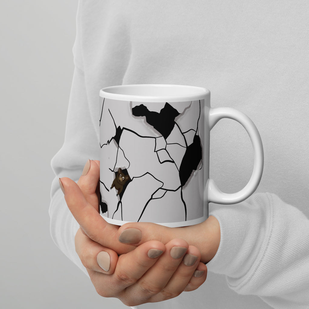 Premium white ceramic - cracked wall design- Mouseterious mug - black and white with mouse peeking through hole in wall - 11 oz right view