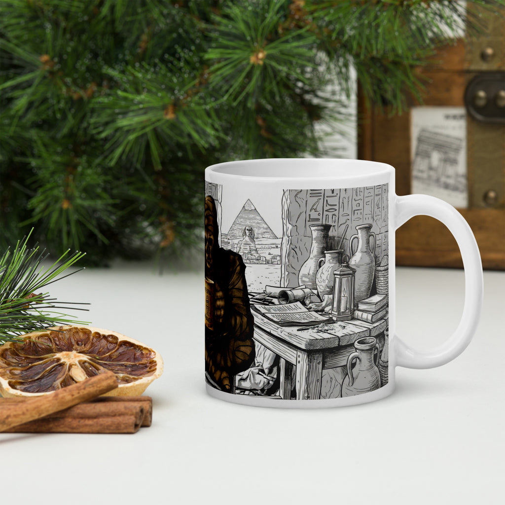 Premium white ceramic coffee mug -Additional tomb scene with hieroglyphic walls, urns, scrolls, and archaeological details 15 oz right view