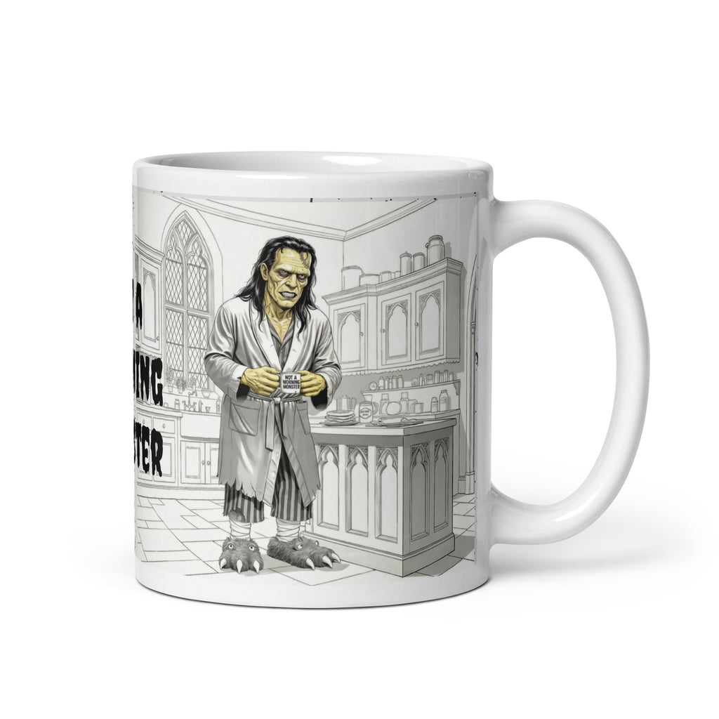 Not a Morning Monster Mug - Brew-kenstein Coffee Gothic | Brew Crew — Premium white ceramic mug with Brew-kenstein in bathrobe and monster slippers in his gothic kitchen. 11oz - right