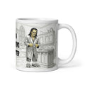 Not a Morning Monster Mug - Brew-kenstein Coffee Gothic | Brew Crew — Premium white ceramic mug with Brew-kenstein in bathrobe and monster slippers in his gothic kitchen. 11oz - right