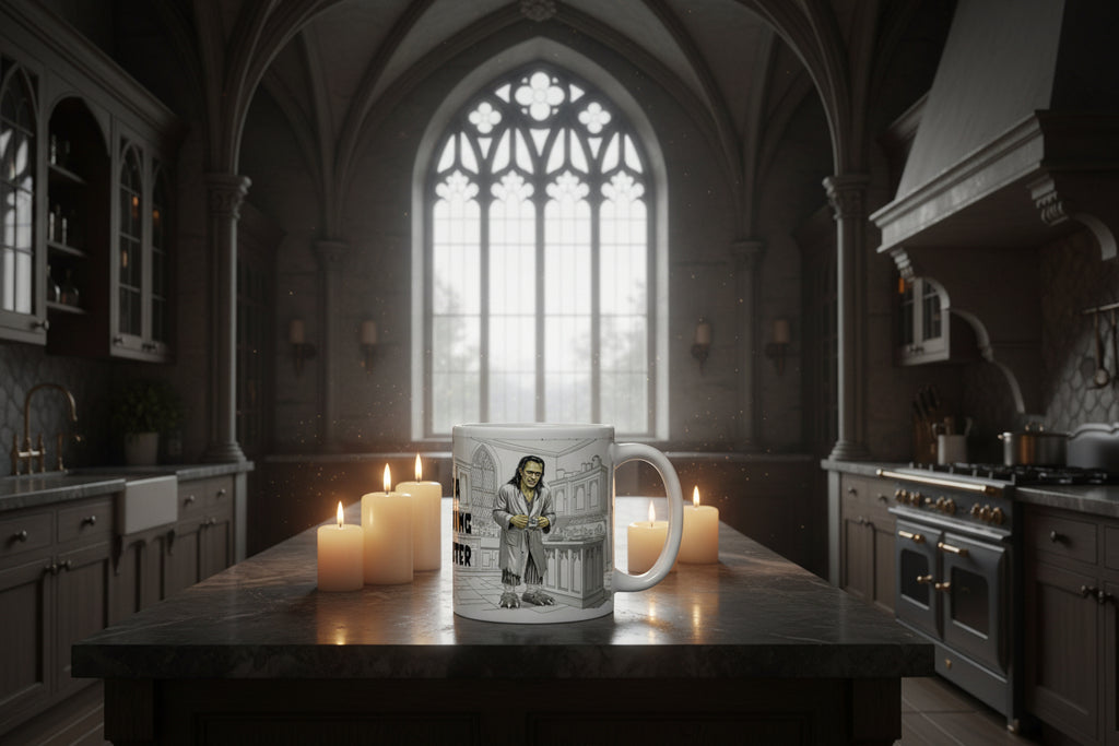 Not a Morning Monster Mug - Brew-kenstein Coffee Gothic | Brew Crew — Premium white ceramic mug with Brew-kenstein in bathrobe and monster slippers in his gothic kitchen. 11oz - right gothic kitchen scene
