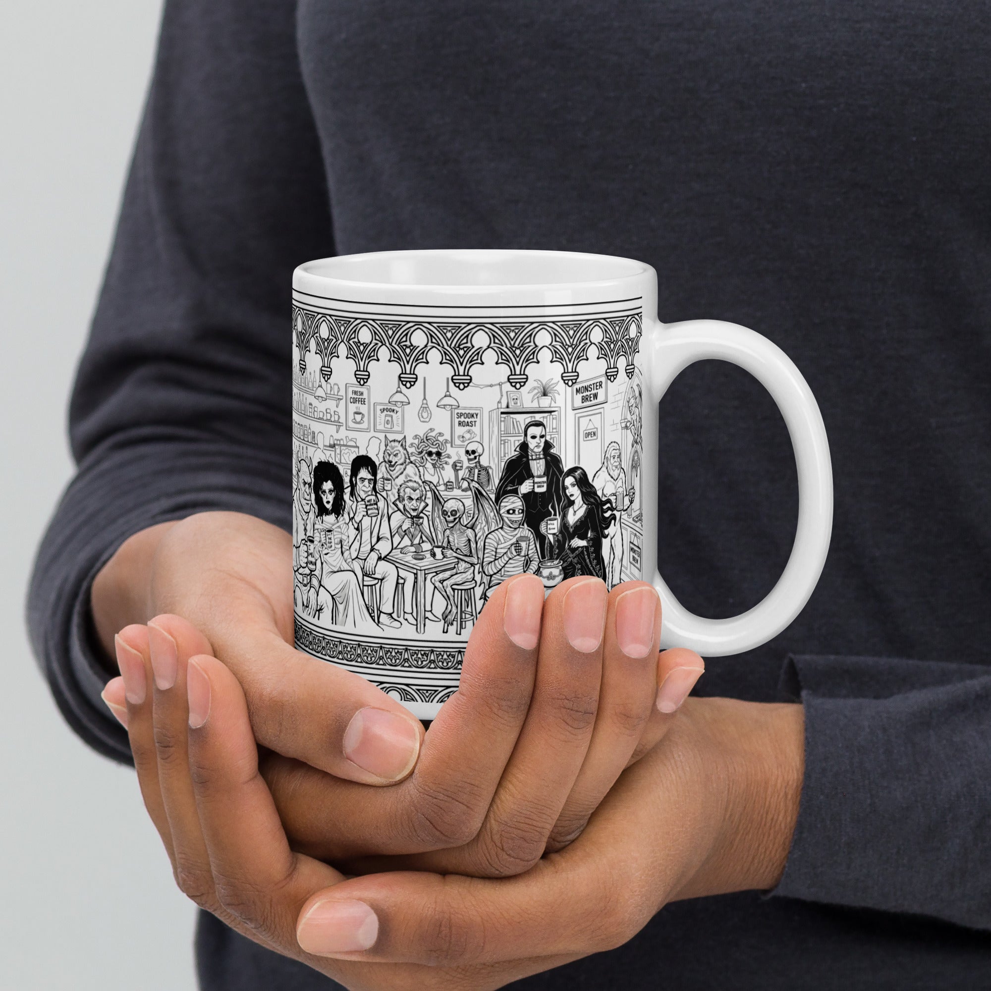 Premium glossy white ceramic - At the Monster Café - 13 monsters having coffee and mingling - 11 oz right view