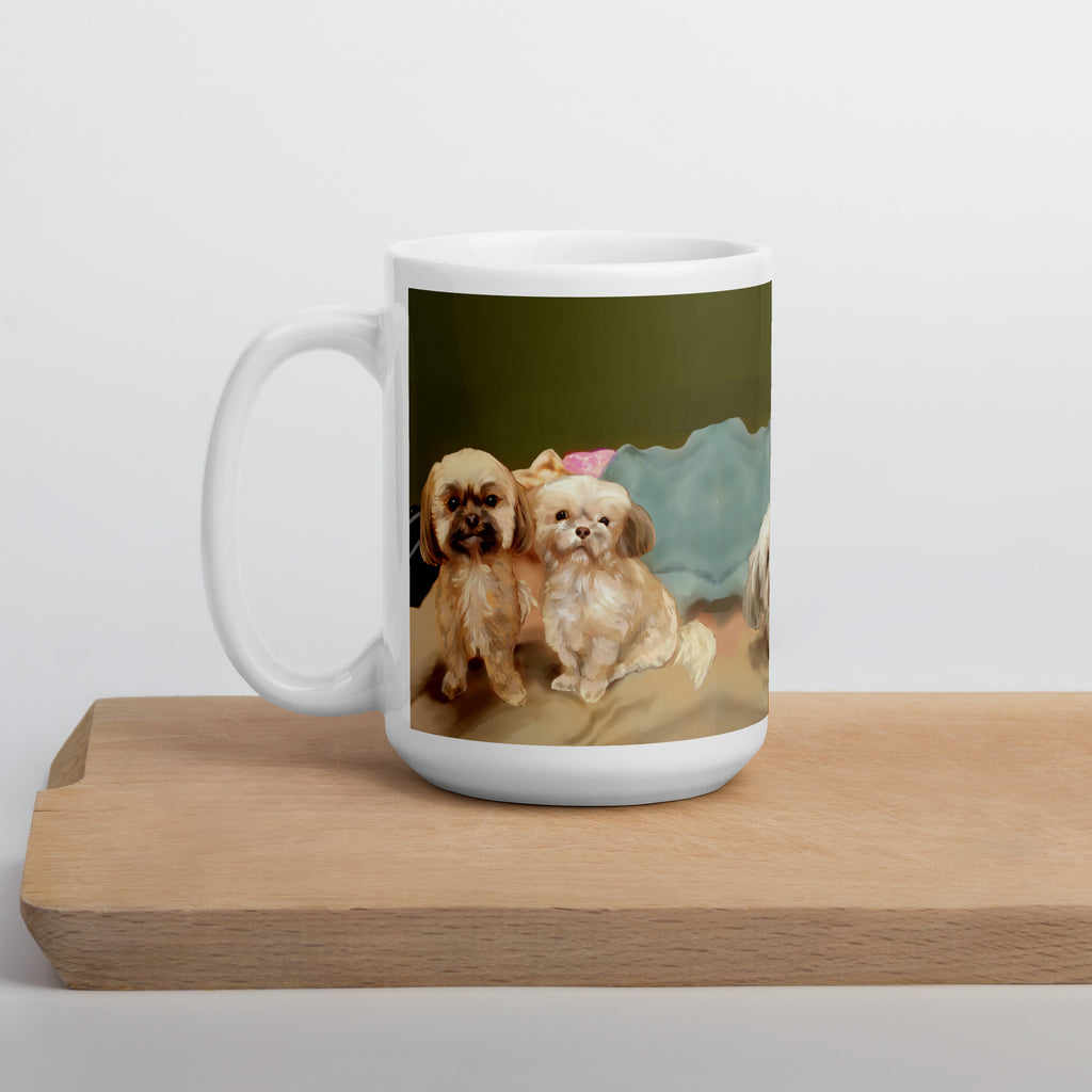 Premium white ceramic - Painted Puppies mug - Two adorable Shih Tzu puppies sitting side by side - 15 oz left view