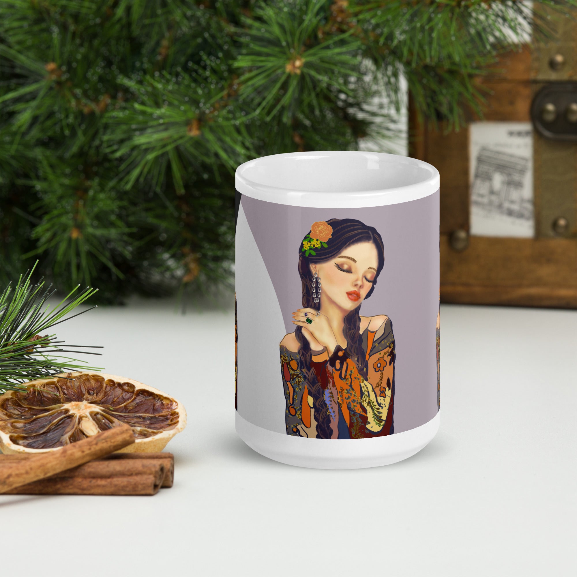 Vintage Pin-Up Woman Mug - Colorful Patterned Blouse White Ceramic Mug-11-oz-front