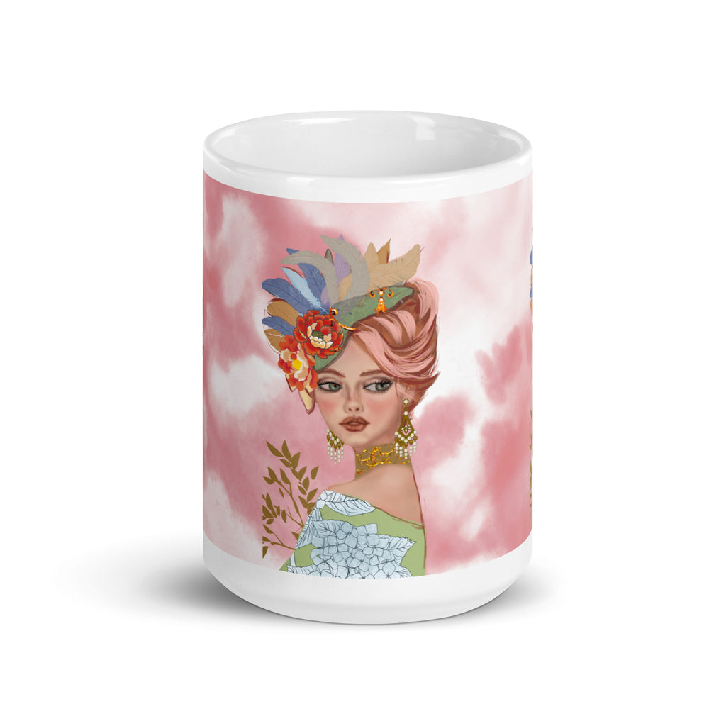 Tropical Glamour Flower Woman Mug - Elegant Pink Hair White Ceramic Mug-15-oz-front