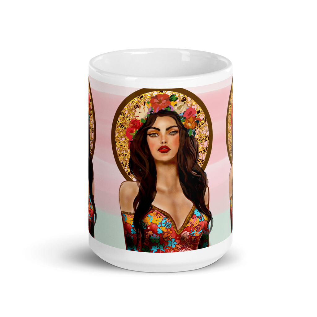 Sacred Flower Halo Woman Mug - Religious Icon Art White Ceramic Mug-15-oz-front