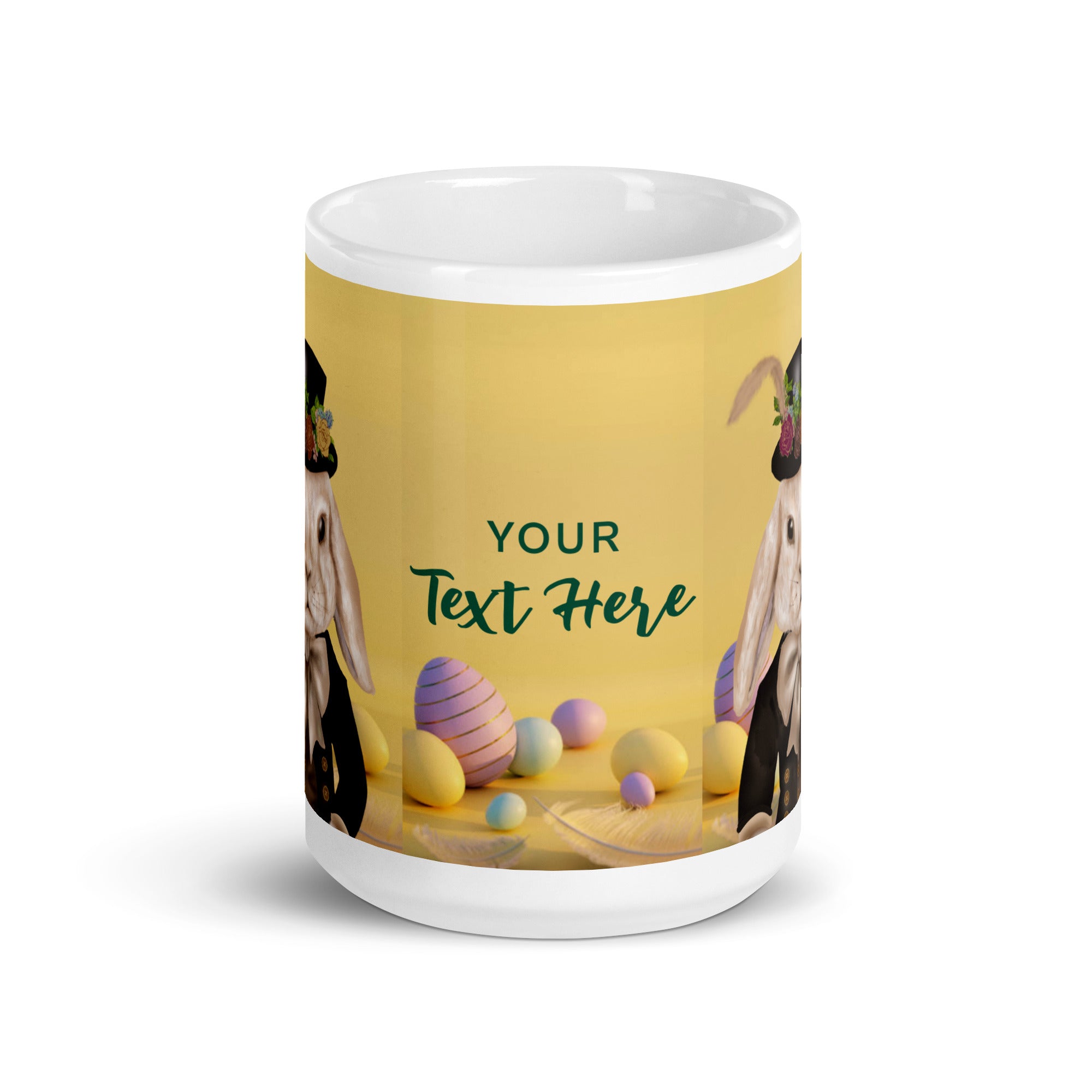 Personalized Dapper Bunny Easter Mug with custom text option on sunny yellow background with Easter eggs - 15 oz ceramic mug - front view