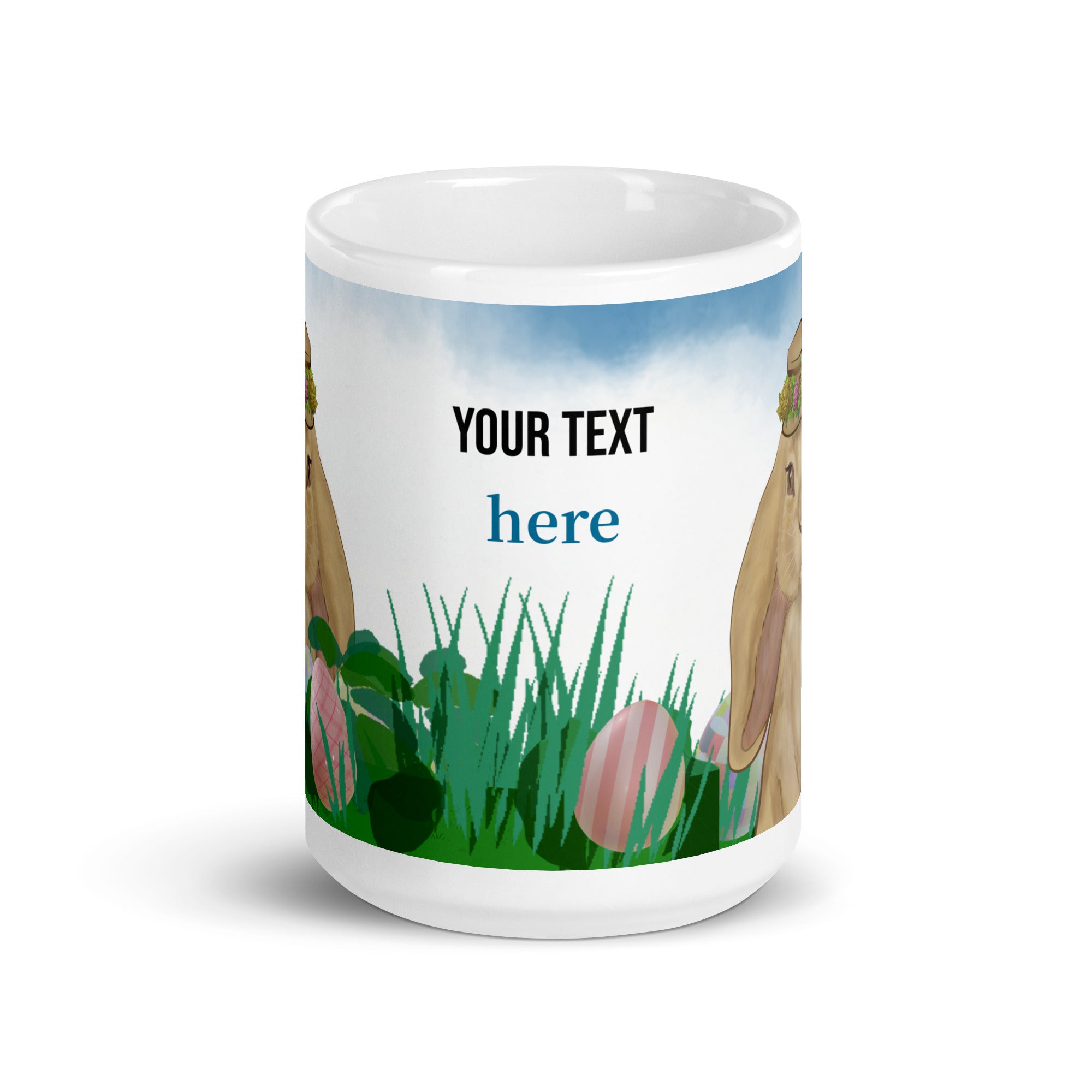 Spring Bunny Lady Mug Easter Coffee Mug with charming spring bunny adorned with a delicate flower crown hat in field of grass, light blue sky and Easter eggs. Customize with text in all sizes - 15 oz - front view