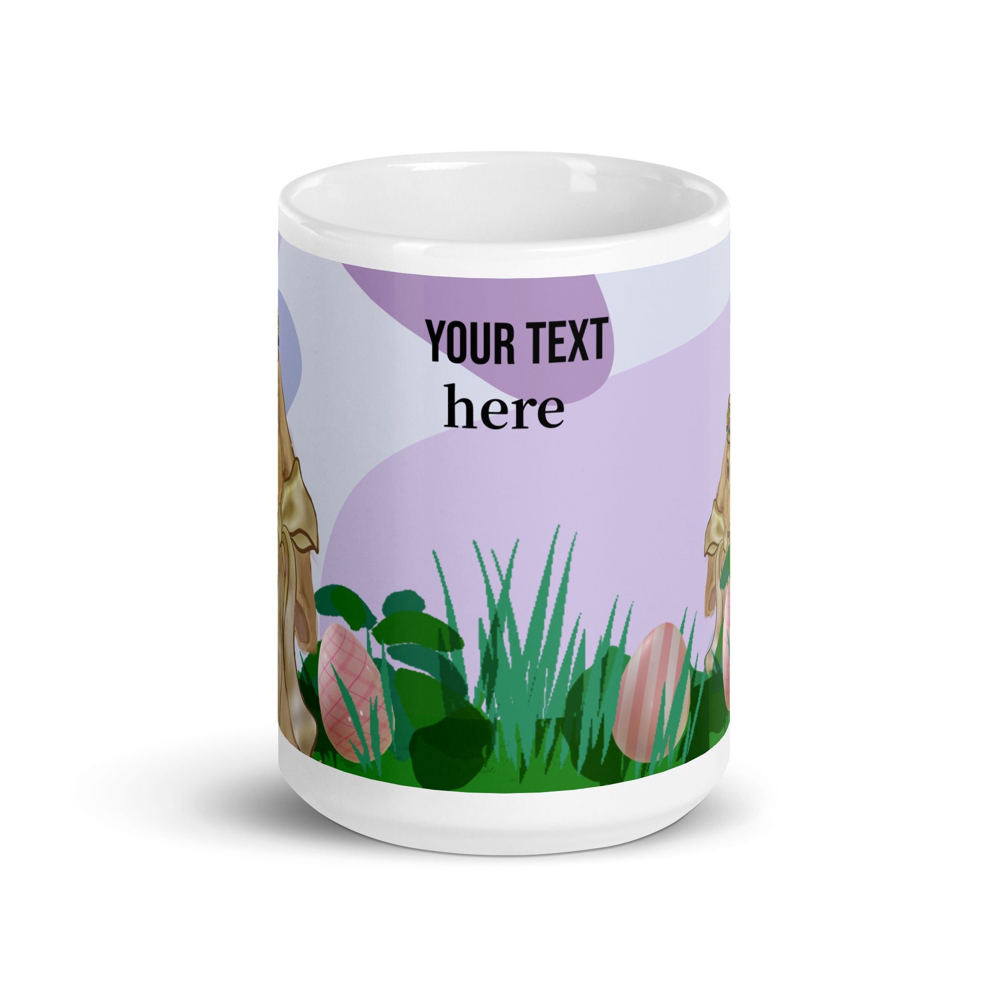 Spring Bunny Lady Mug Easter Coffee Mug with charming spring bunny adorned with a delicate flower crown hat in field of grass, lavender pattern background and Easter eggs. Customize with text in all sizes - 15 oz - front view
