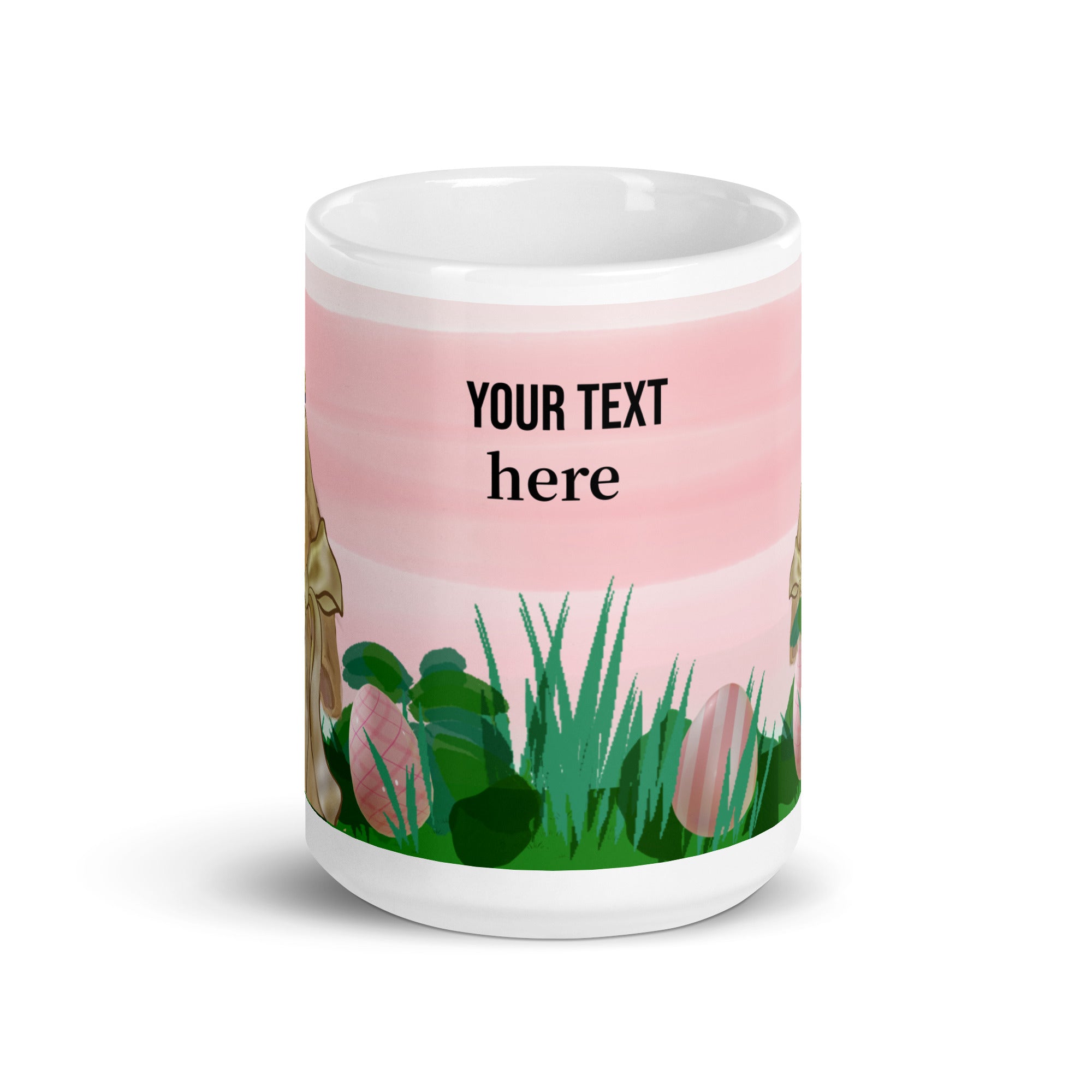 Spring Bunny Lady Mug Easter Coffee Mug with charming spring bunny adorned with a delicate flower crown hat in field of grass, pink sky and Easter eggs. Customize with text in all sizes - 15 oz - front view