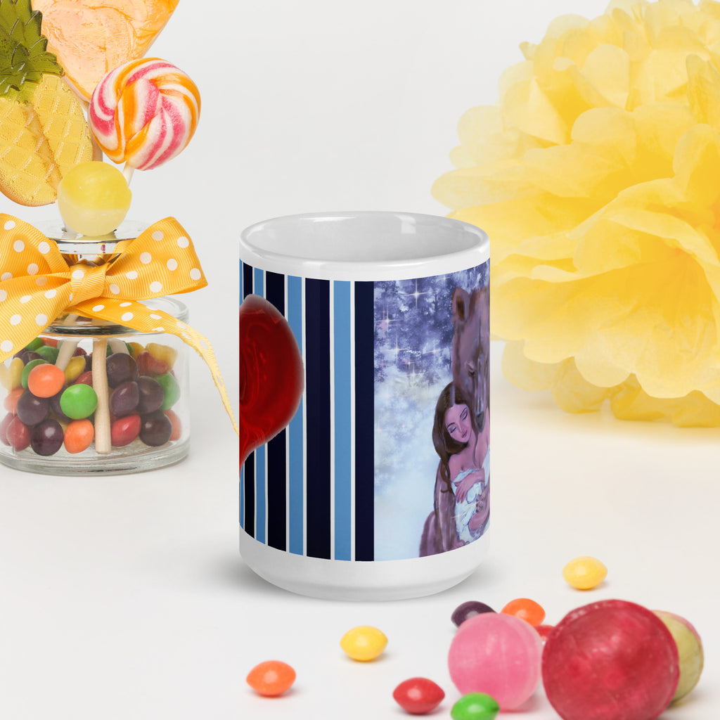 Bear Hug Valentine's Day Mug - Romantic Winter Love Heart Gift- Premium white ceramic mug- Large brown bear hugging woman with white dress in a winter scene of snow and trees in background. Striped light and dark blue patter with red heart- 15 oz front view