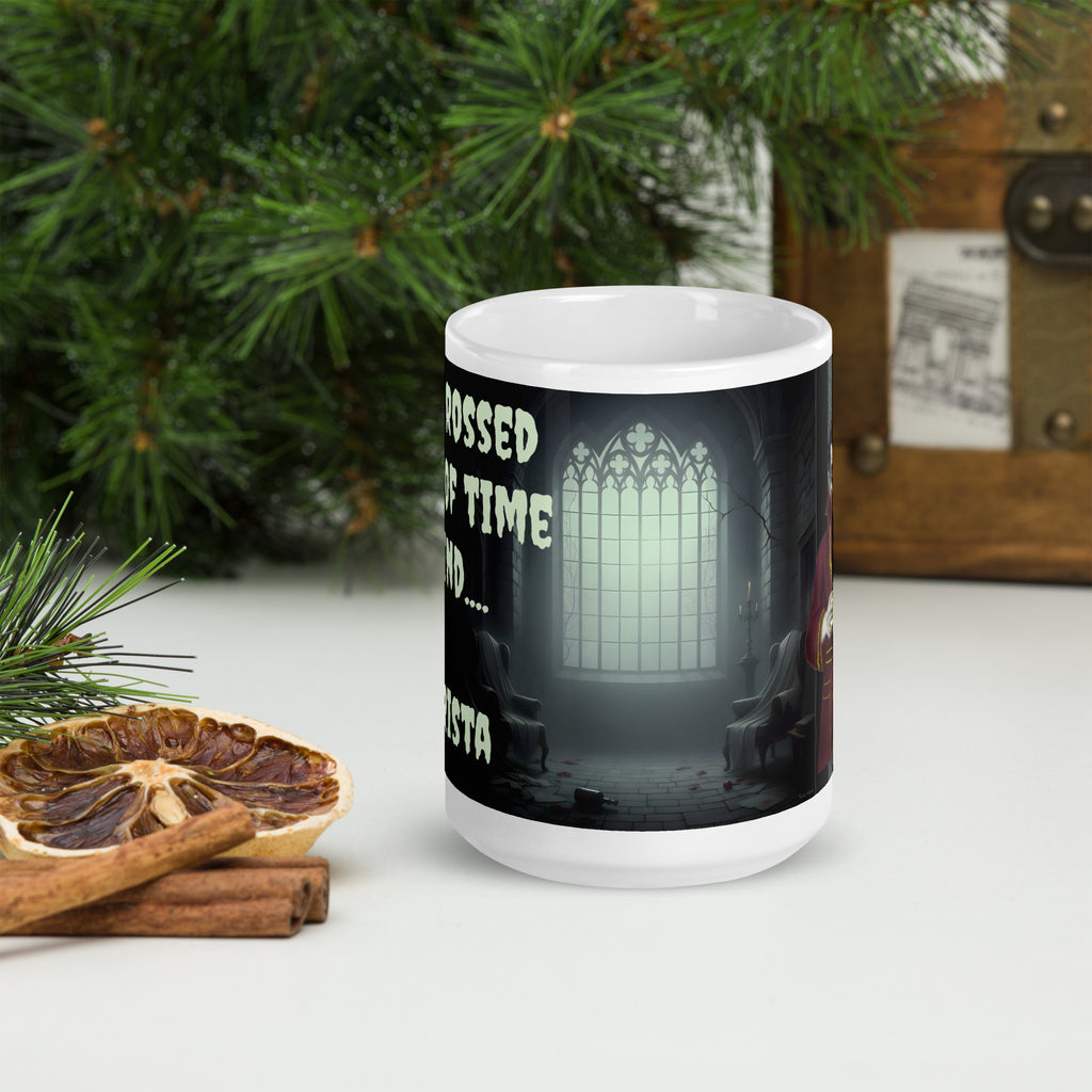 Dracula Coffee Mug - I Have Crossed Oceans of Time to Find a Barista- Premium white ceramic mug with Draculas castle showing the far window with a misty green haze - 15 oz front view- on table with plants