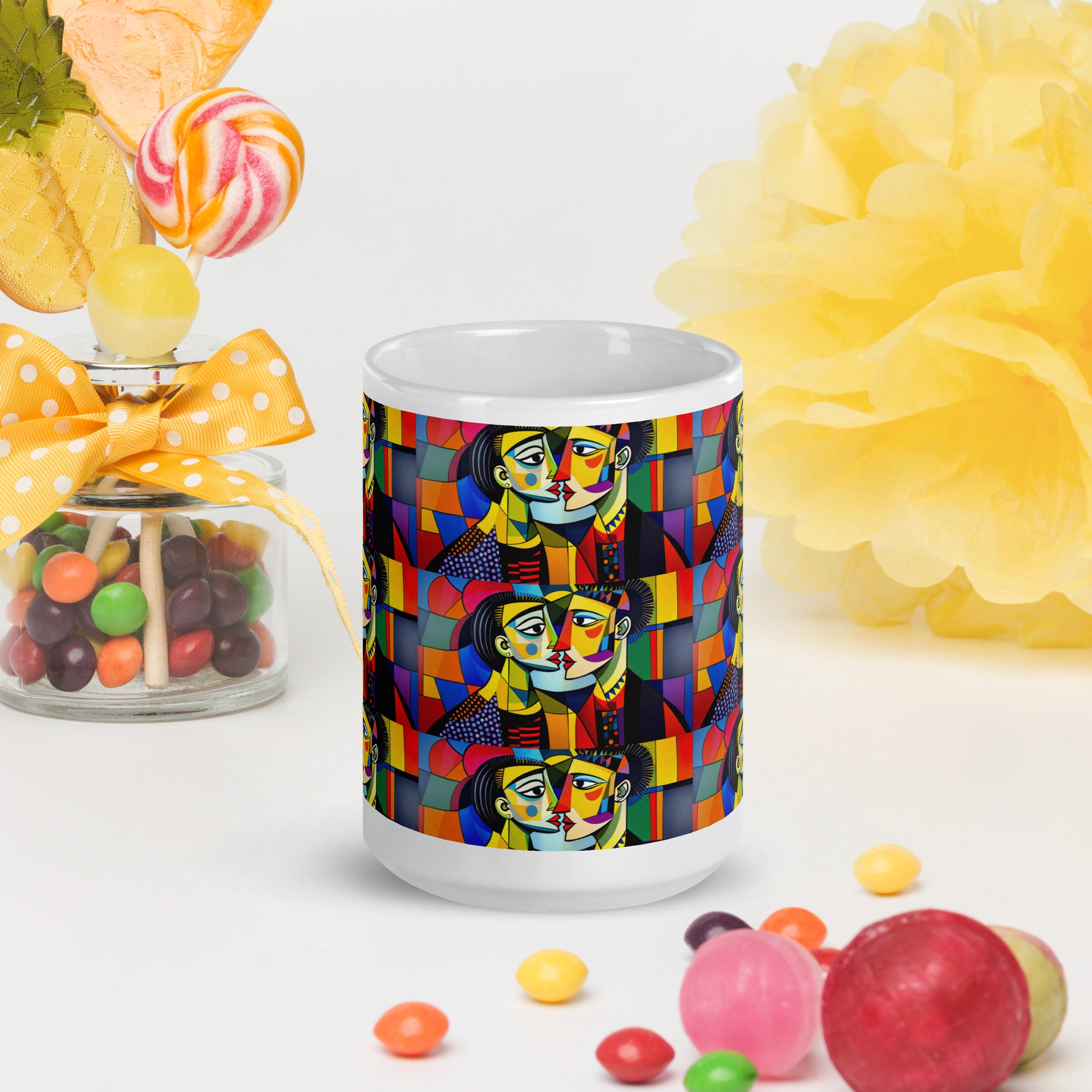 Abstract Kiss Ceramic Mug 2 - Romantic Abstract Art Ceramic Mug -colorful pattern with couple kissing-15-oz - front view