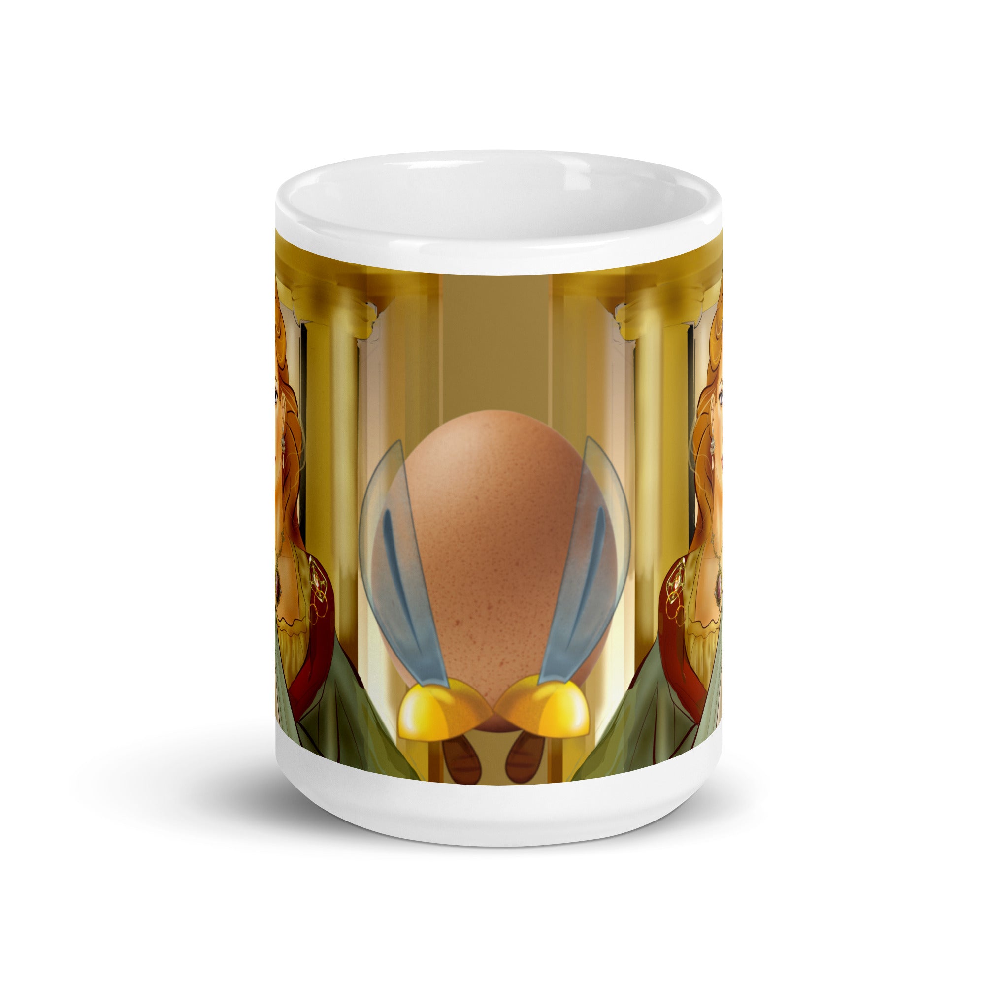 Premium white ceramic mug features an egg with swords symbol of Helens birth .The sword she used as a mirror that reflected her beauty 15 - oz - front view