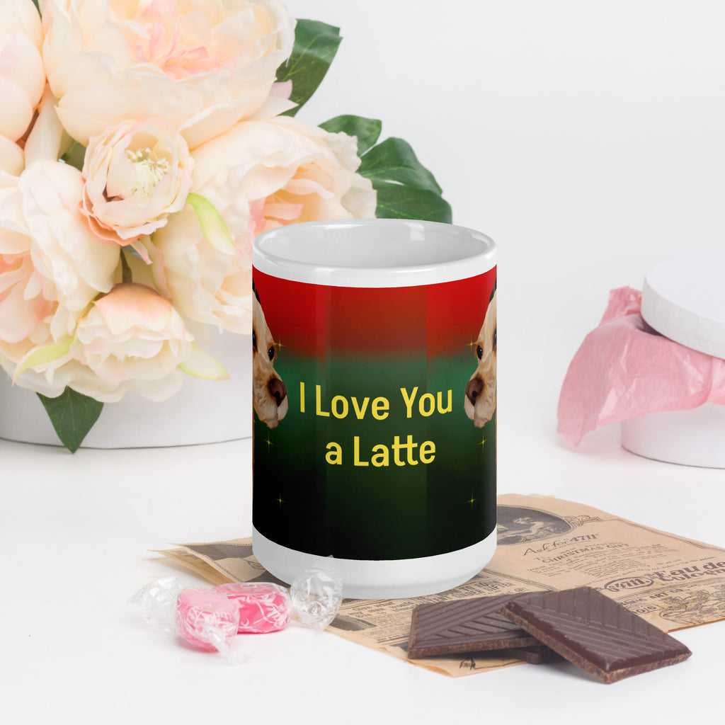 Adorable Premium white ceramic mug features the sweetest tan pup with big soulful brown eyes, wearing a festive black bandana decorated with Christmas motifs. Set against a beautiful red to green gradient background with sparkles - 15 - oz fron view