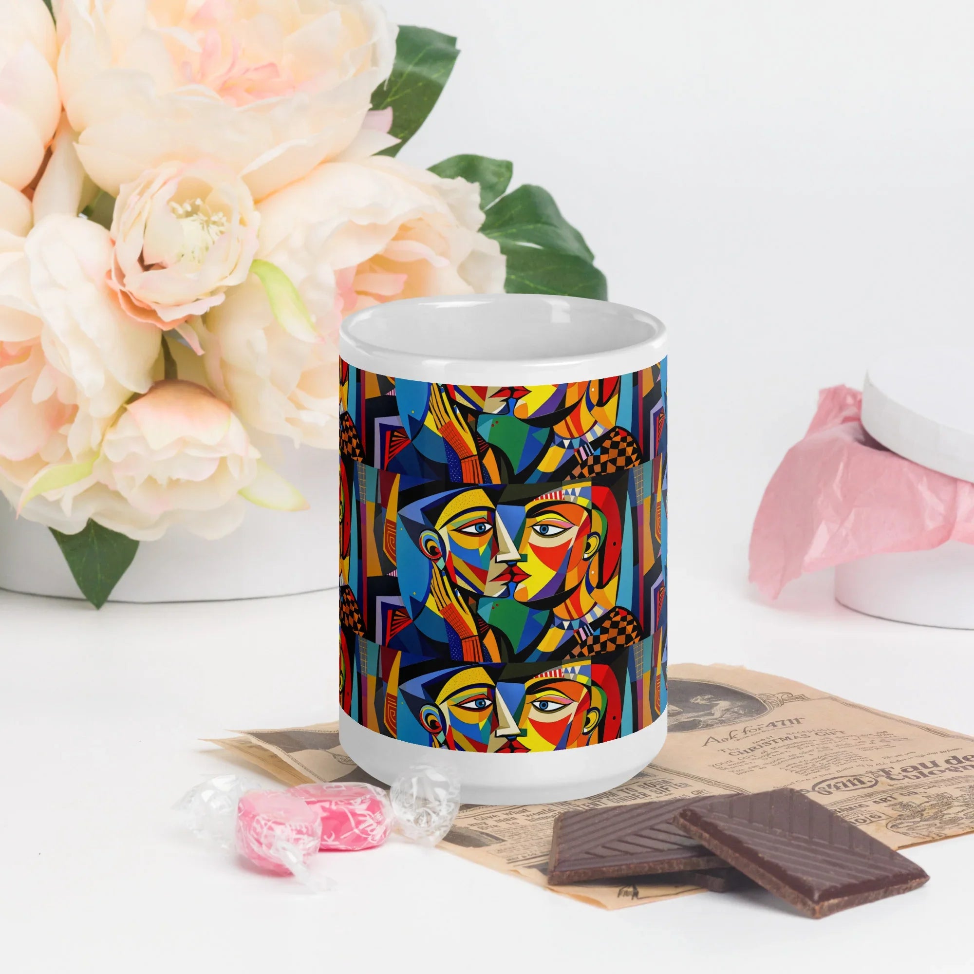 Colorful abstract faces ceramic mug on table with flowers, chocolate, and candies
