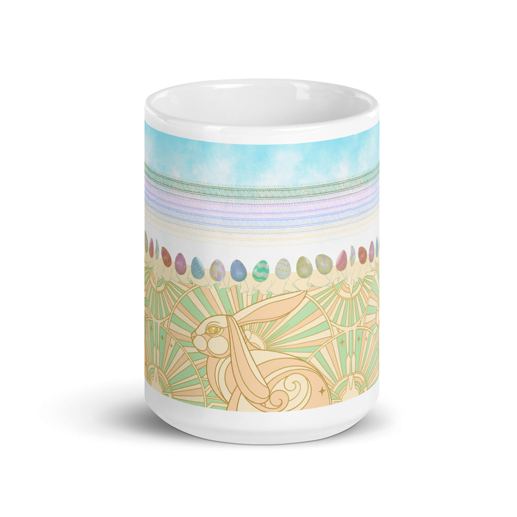 Premium white ceramic - Art Deco Easter bunny mug - Art Deco golden bunny with geometric sunburst pattern -Row of watercolor Easter eggs in pastel 
Perfect blend of vintage Art Deco and spring Easter themes - 15 oz front view
