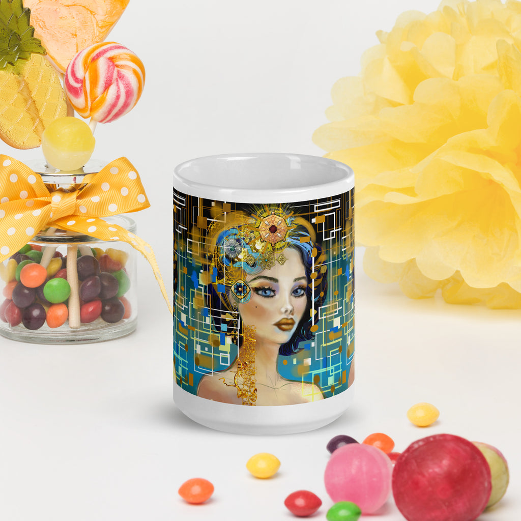 Steampunk Clockwork Woman Mug - Art Deco Futuristic White Ceramic Mug-15 -oz-front