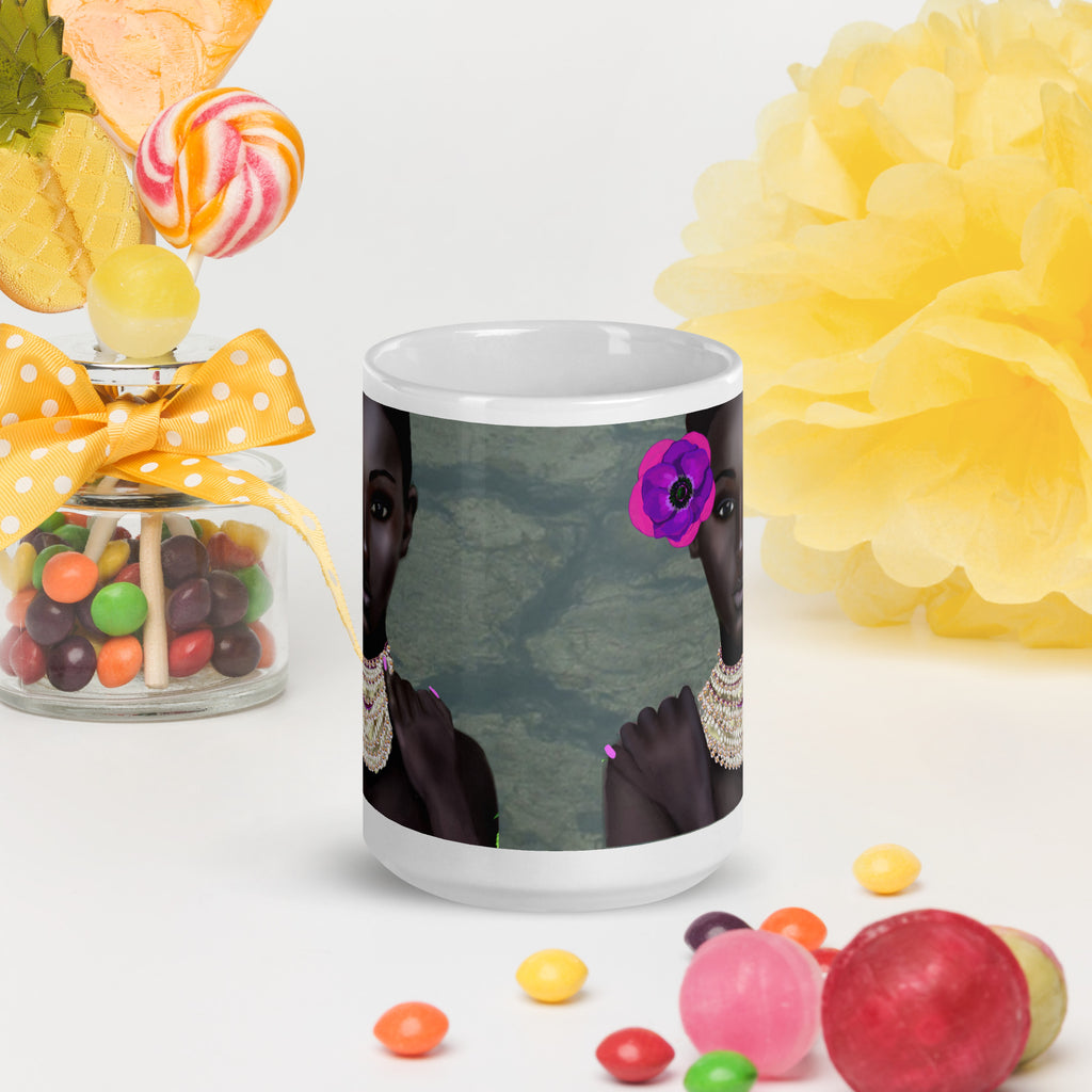 Black History Month - Premium white ceramic mug featuring portrait of Black woman with purple flower, pearls and pink nails 15-oz front view