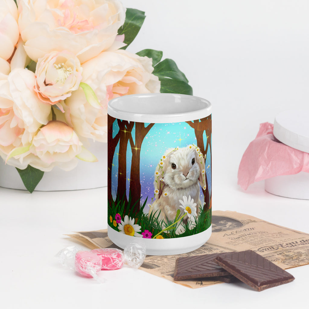 Magical Forest Bunny Mug - Enchanted Easter Bunny with Flower Crown sitting in the grass surrounded  magical trees. flowers and delicate butterflies -15-oz-front view